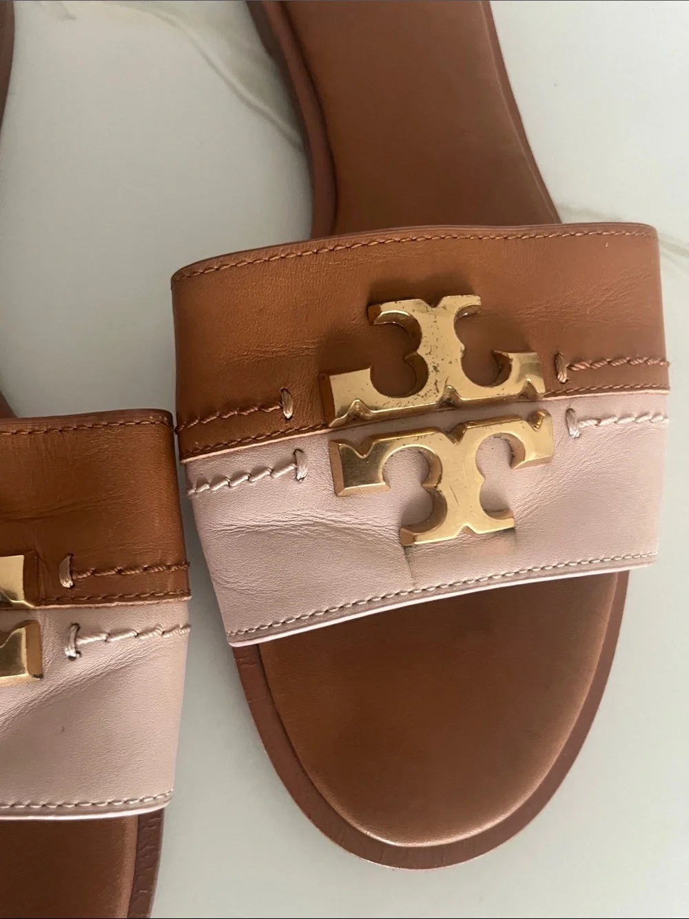 Tory Burch Two-Tone Brown and Blush Leather Slide Sandals with Gold Logo